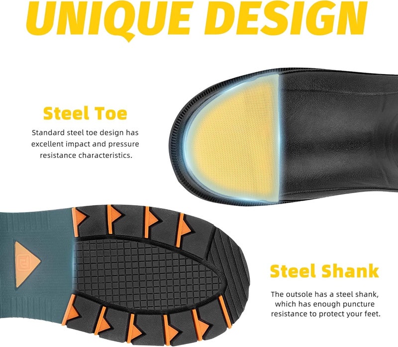 Trudave Store Steel Toe Rubber Boots for Men with Steel Shank, Anti Slip Waterproof Mens Mud Boots Hunting Work Boots, Durable Rain Boots for Construction, Farming, Size 6-14 - Image 3